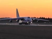 Antonov An-124 Ruslan take-off from Gdansk Airport at Sunset.