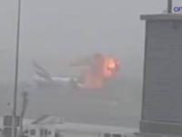 Moment flight EK521 engine explodes into flames after crash landing at Dubai Airport