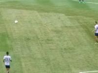 Piłkarz Los Angeles Galaxy trafia piłką w gołębia podczas rozgrzewki