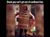Pijany koleś próbuje zdjąć z siebie pudło