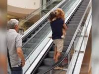 Pies, który bardzo boi się ruchomych schodów