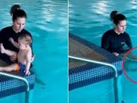 Mother throws baby into deep pool and he has unusual reaction