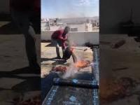 A man opens a portal to hell with burning asphalt