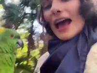 Papuga i opiekunka śpiewają razem w duecie
