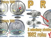 1 złoty 1982 roku dwie odmiany + hybryda . numizmatyka monety prl